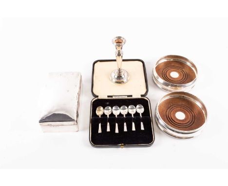 A collection of mixed silver, comprising a pair of contemporary coasters by Mappin & Webb, London, 1990, silver cigarette box