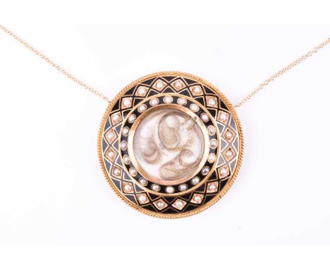 A Victorian yellow gold, pearl, and enamel pendant necklace, of circular form, centred with three curls of hair, within a pea