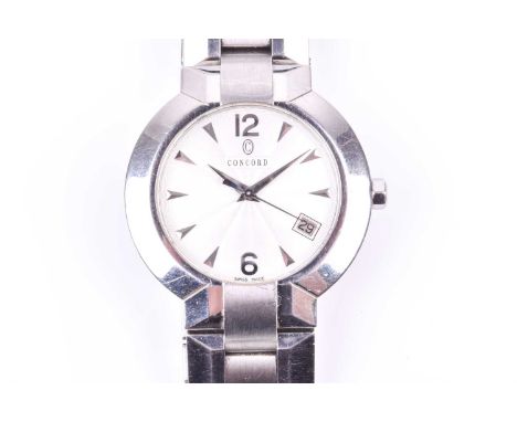 A Concord stainless steel wristwatch, the engine turned dial with arrow shaped indices and date aperture, quartz movement in 