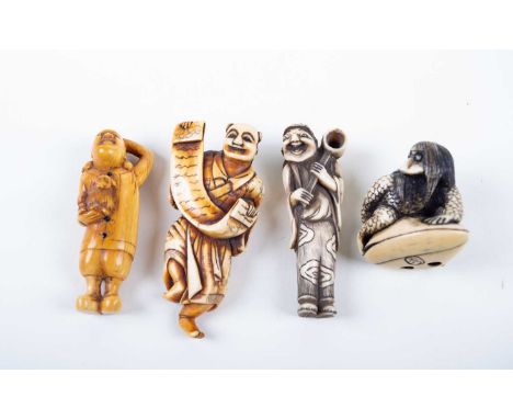 Four Japanese ivory netsuke, Meiji/Taisho, comprising a stained smiling figure holding a scroll, signed, a grinning figure ho