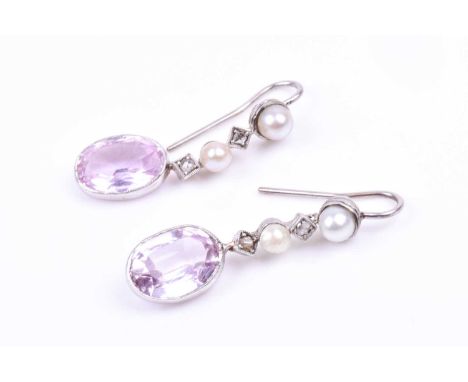 A pair of 18ct white gold, diamond, pearl, and pink tourmaline drop earrings, bezel set with a mixed oval-cut tourmaline (app