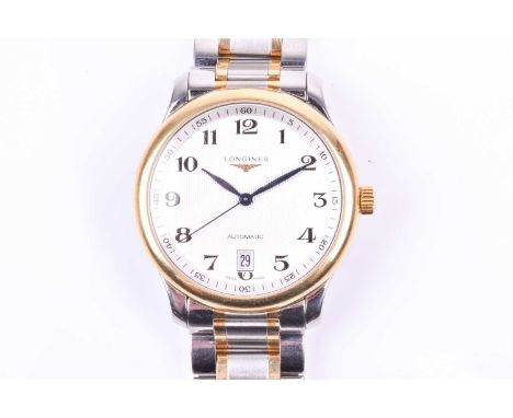 A Longines Master Collection stainless steel and gold plated wristwatch, the silvered engine turned dial with Arabic numerals