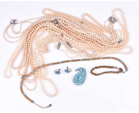 A gilt metal and turquoise bracelet, formed of articulated links, bezel-set with pearls and turquoise, together with a gilt m