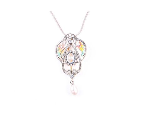 A silver and plique-a-jour style enamel pendant, the openwork Art Nouveau style mount inset with diamonds and a cabochon blue