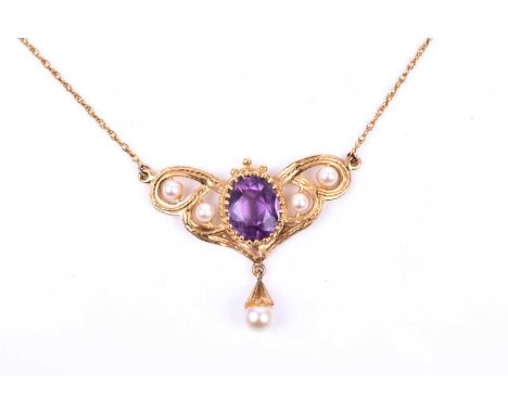 A 9ct yellow gold, amethyst, and pearl pendant in the Art Nouveau style, the openwork mount set with a mixed oval-cut amethys