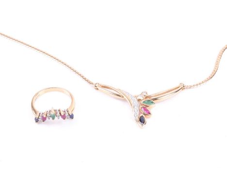 A diamond, ruby, emerald and sapphire set necklace, the marquise and brilliant cut stones set in floral spray to centre, the 