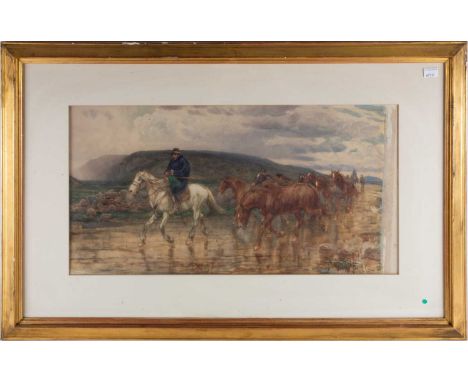 Enrico Coleman (Italian 1846-1911), a horse tamer leading his team, watercolour, signed E Coleman, Roma, framed and glazed.87