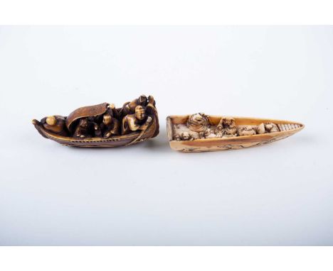 Two good Japanese ivory netsuke, 19th century, one representing the seven gods of good fortune, spuming waves rising up the s