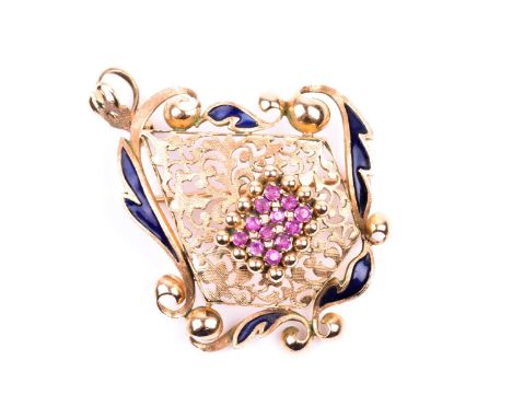 An 18ct yellow gold, ruby, and enamel pendant brooch, of stylised kite-shaped form, with cobalt blue enamel swag decoration, 