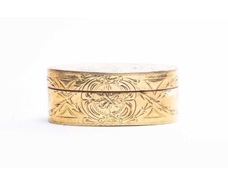An 18th century style gilt metal snuff box of oval form, with engraved foliate decoration, 6.5 cm x 4 cm x 2.5 cm.Condition r