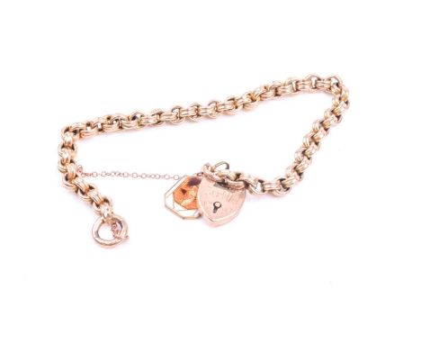 A 9ct yellow gold fancy round-link bracelet, fastened with a safety chain, and a 9ct heart-shaped clasp engraved with the dat