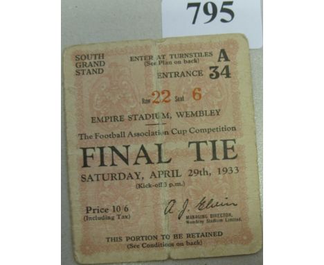 1933 FA Cup Final, Everton v Man City, a ticket from the game played at Wembley on 29/04/1933 (folded)