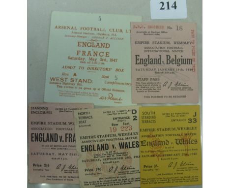 England, a collection of 5 home match tickets, 27/02/43 Wales, 25/09/43 Wales, 26/05/45 France, 19/01/46 Belgium, 03/05/47 Fr
