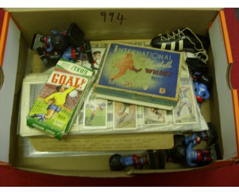 A collection of football memorabilia, to include cigarette  trade cards, and other items, the cars include Chix, Players, Top