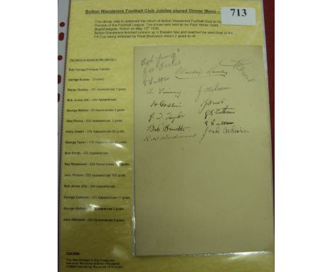 1935 Bolton Wanderers, an autographed menu from the Jubilee Dinner, held at the Pack Horse Hotel, on 13/05/1935, to celebrate
