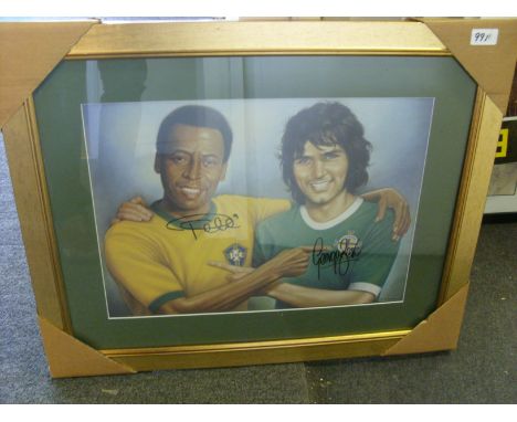 George Best and Pele, an autographed colour print, framed and glazed, signed by both players, in International colours, a sup