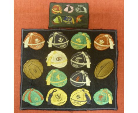 Rugby Caps, 1920, a unique collection, possibly of promotional material, showing 14 caps, one velvet style pad, including 190