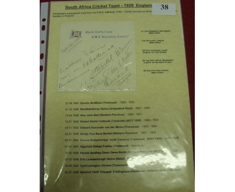 1929 Cricket, South Africa, an autographed sheet with 12 signatures, taken from the Union-Castle line, RMS 'Balmoral Castle',