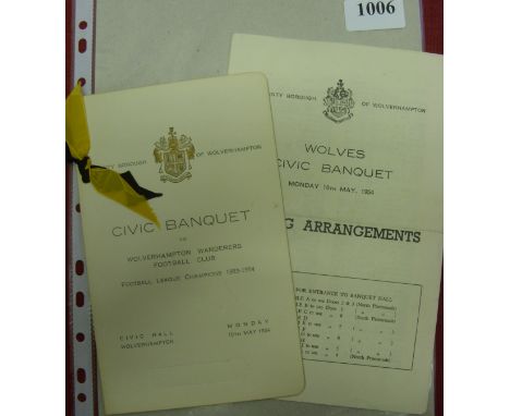 1953/54 Wolverhampton Wanderers, a menu from the Civic Banquet, held at the Civic Hall on 10/05/1954, to celebrate the club w