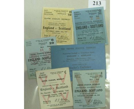 England v Scotland, a collection of 6 match tickets, 04/10/1941, 17/01/1942, 17/01/1942 (Directors Enclosure Tea Ticket), 10/