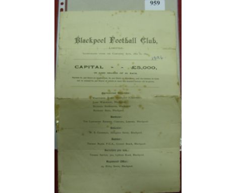 1896 Blackpool Football Club Limited, an original share prospectus, 4 page document, the company will have a share capital of