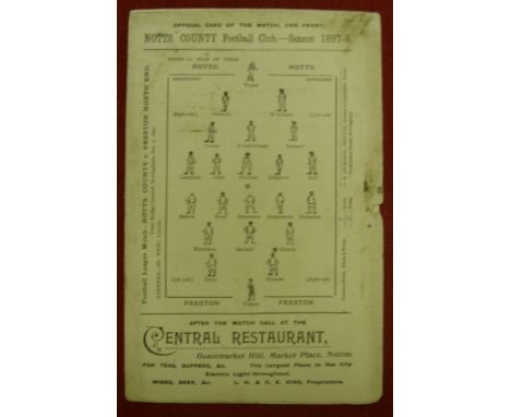 1897/1898 Notts County v Preston, a programme from the the Football League game, dated 07/10/1897, very slight damage to a sm