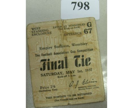 1937 FA Cup Final, Sunderland v Preston, a ticket from the game played at Wembley on 01/05/1937, folded