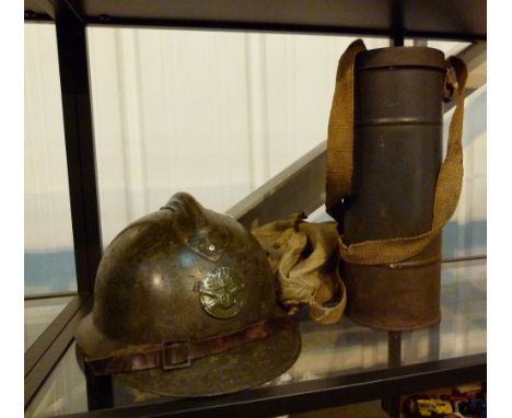 French military helmet, gas mask and mess tins 