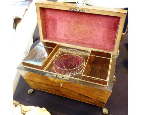 Inlaid sarcophagus tea caddy standing on four claw feet, original bowl 
