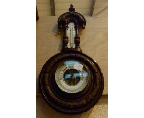 Antique oak aneroid thermometer barometer with carved surround