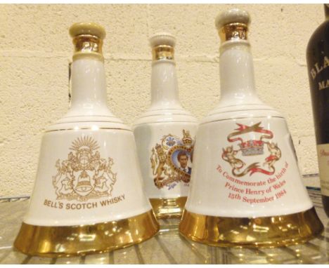 Three ceramic Bells whisky decanters 1981, 1982 and 1984