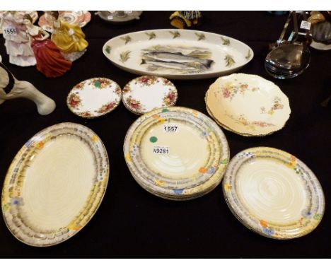 Nine Clarice Cliff plates, Portmeirion fish dish, six Country Roses tea plates and two Royal Worcester