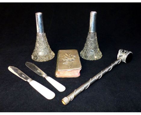 Pair of silver and cut glass stem vases, of cross hatched design, a pair of silver and mother of pearl handled fish knifes, w