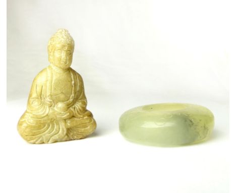 Chinese jade brush water holder, abstract carving, 4.8cm dia., and a jade carving of a Buddha holding a peach, 5.5cm h (2)