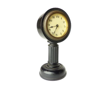 German ebonised bedside alarm clock on fluted pillar and circular foot 15 cm H