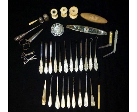 Dressing table items, mother-of-pearl handle hooks etc, bone cotton reels, 19th C silver thimble, miniature scissors, etc (qt