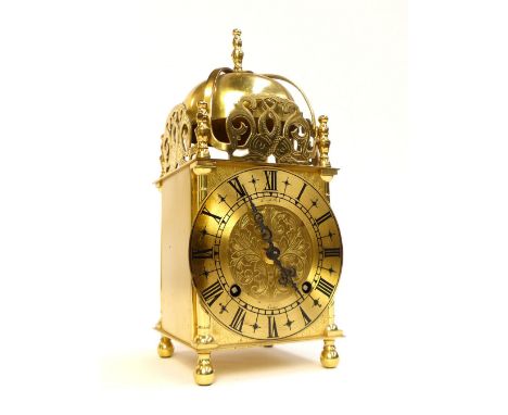 20th C German brass lantern clock, striking movement, brass chapter ring with Roman numerals, retailed by Lionel Peck, 25cm h