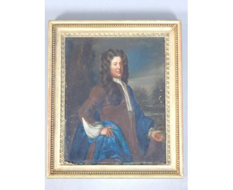 In the manner of 18th C school, portrait of Samuel Pepys, oil on board, 28 x 22cm