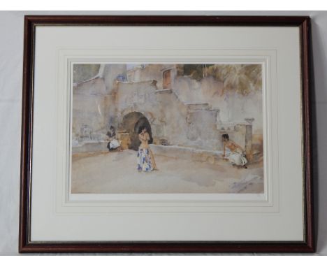 After William Russel Flint, Models in the Courtyard of an Italian Art School, lithograph, 36x 53cm, and two late Victorian la