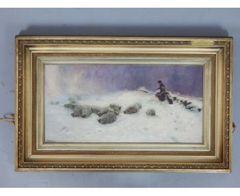 J. R. Henderson, Shepherd and Flock in a Winter Landscape, oil on canvas, signed lower left, 29 x 60cm 
