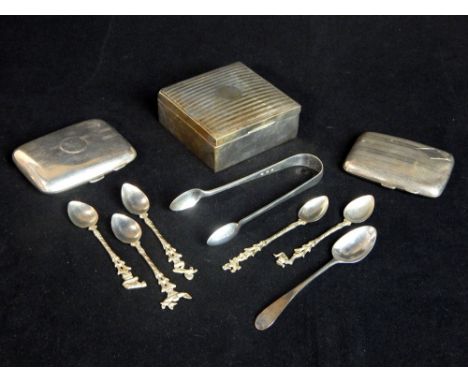 Silver cigarette box, engine turned decoration, and two silver cigarette cases, silver sugar nips and other items