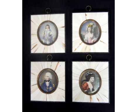 Set of four highly decorative portrait miniatures, comprising Lady Hamilton, Lord Nelson, two after Gainsborough, 'Blue Boy' 