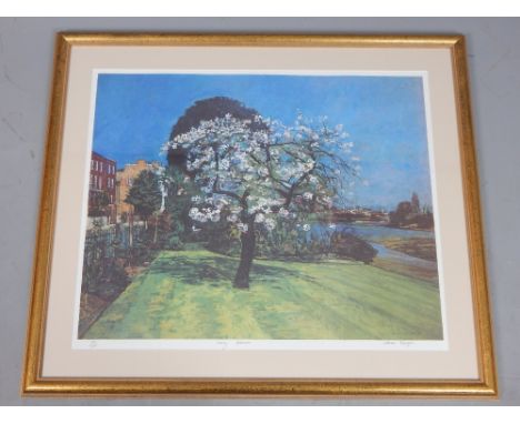 William Bowyer, b.1926, 'Cherry Blossom', by the Thames at Chiswick, limited edition coloured print, signed in the block and 
