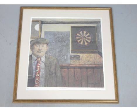 After Ruskin Spear, 'The Arty Tie', a man in flat hat smoking a rollie by a dartboard, limited edition coloured print, signed