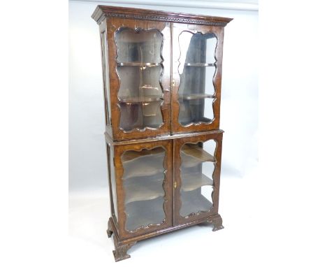 George II design walnut glass cabinet, enclosed by four moulded shaped doors, on acanthus carved bracket feet, 103cm w