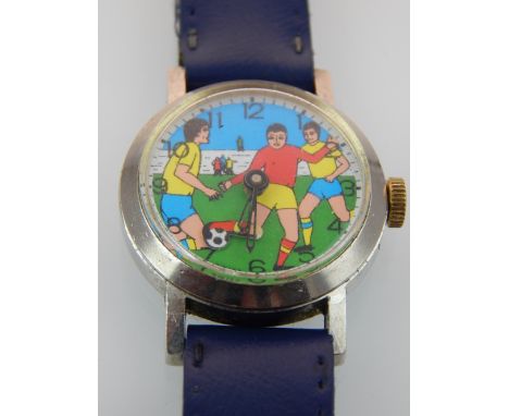 Vintage football wristwatch, the dial with an image of players and set out with Arabic numerals
