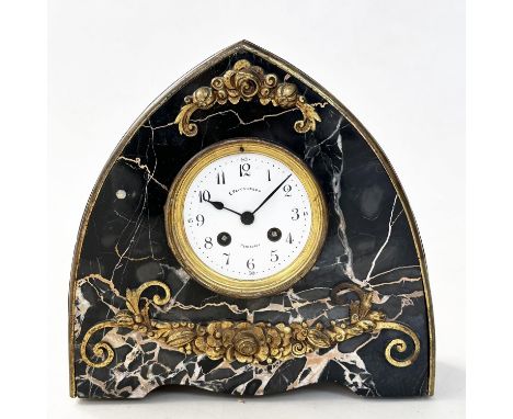 ART DECO TIMEPIECE, early 20th century French Art Deco sienna marble arch form French 8 day movement, signed E. Peytoureau - 