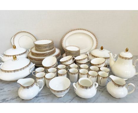 DINNER SERVICE, English Fine Bone China, Royal Doulton 'gold lace' including dinner, side and tea plates, coffee and tea cups