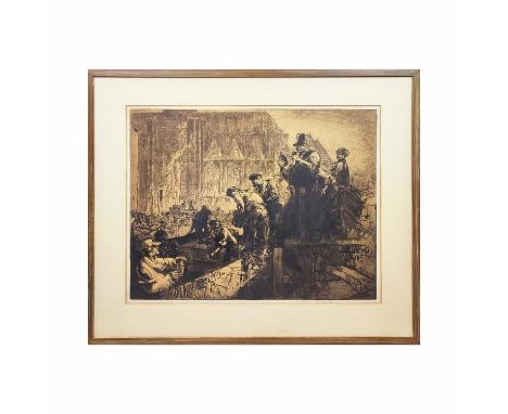 SIR FRANK WILLIAM BRANGWYN RA RWS RBA (1867-1956), UNLOADING BRICKS, GHENT, etching, signed in pencil, 60cm x 70cm, framed.