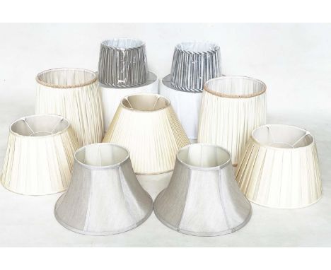 LAMP SHADES, ten including pairs silk, silk pleated and striped. (10)